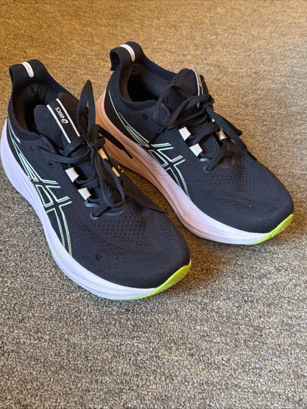 Asics Black Running Shoes with White Soles and Lime Accents